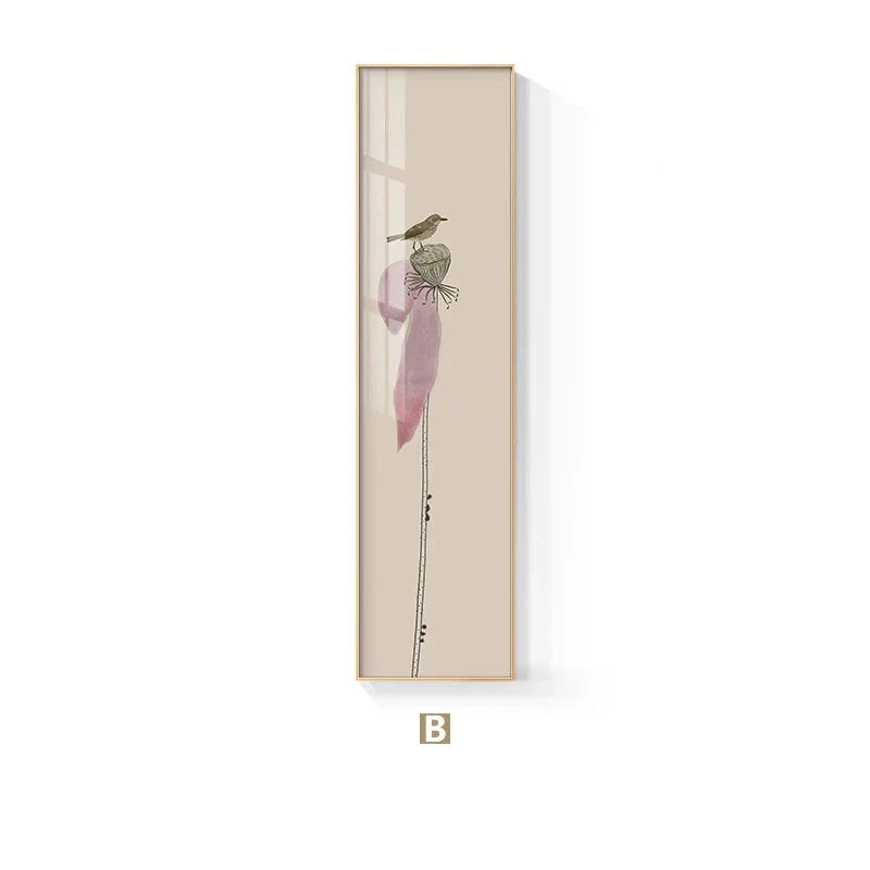 Minimalist Floral Birds & Butterfly Wall Art Fine Art Canvas Prints Tall Vertical Format Pictures For Foyer Lobby Reception Room Art Decor | Bowlift