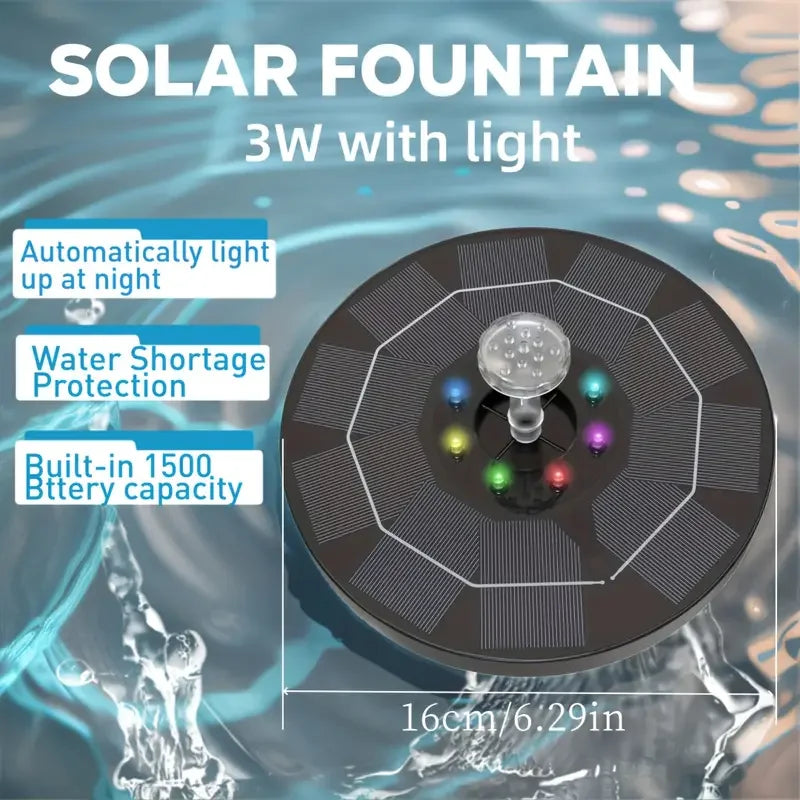 BowLift | Solar Fountain LumiFonte 3.5W | With RGB LED & 6 Nozzles | 1500 mAh Battery & Filter System | For Birdbath, Pond & Garden