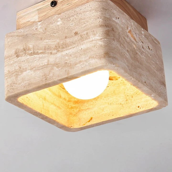 BowLift | Square Travertine & Wood LED Ceiling Lamp