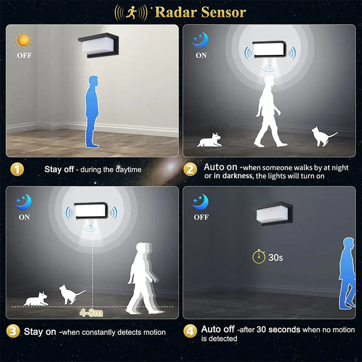 BowLift | LED wall light with radar motion sensor – 16W waterproof light for indoor and outdoor use, cold and warm white light, AC85-265V