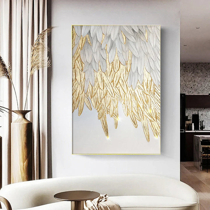 Modern Abstract Golden Feather Design Wall Art Fine Art Canvas Prints Picture For Luxury Living Room Bedroom Entranceway Foyer Art Decor | Bowlift
