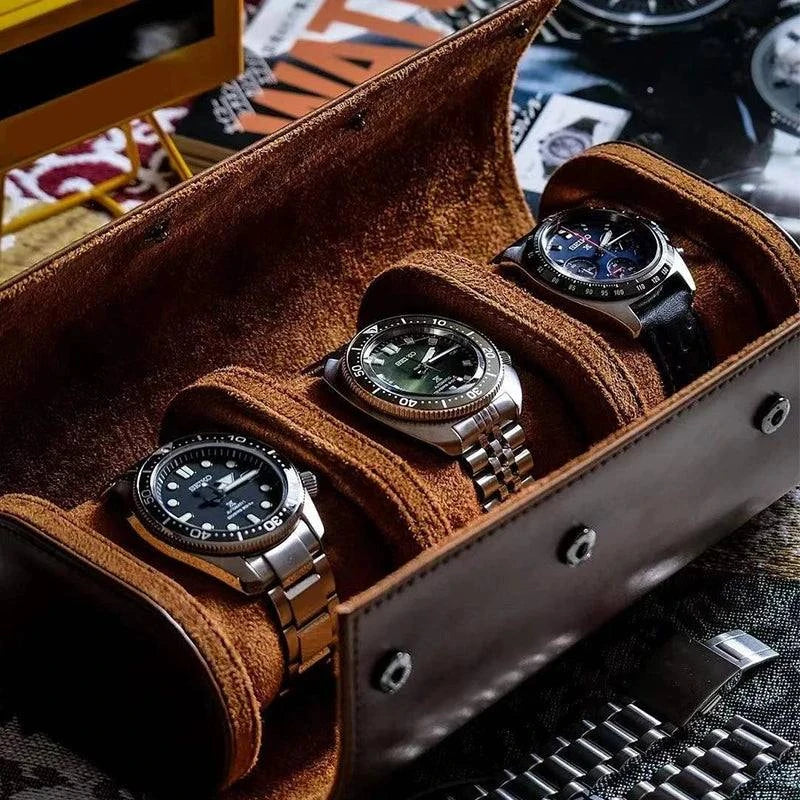 BowLift | Vintage Leather 3-Slot Men's Watch Box for Travel