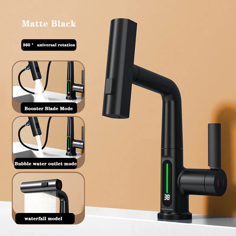 BowLift | Retractable Waterfall Faucet with Temperature Display in Stainless Steel