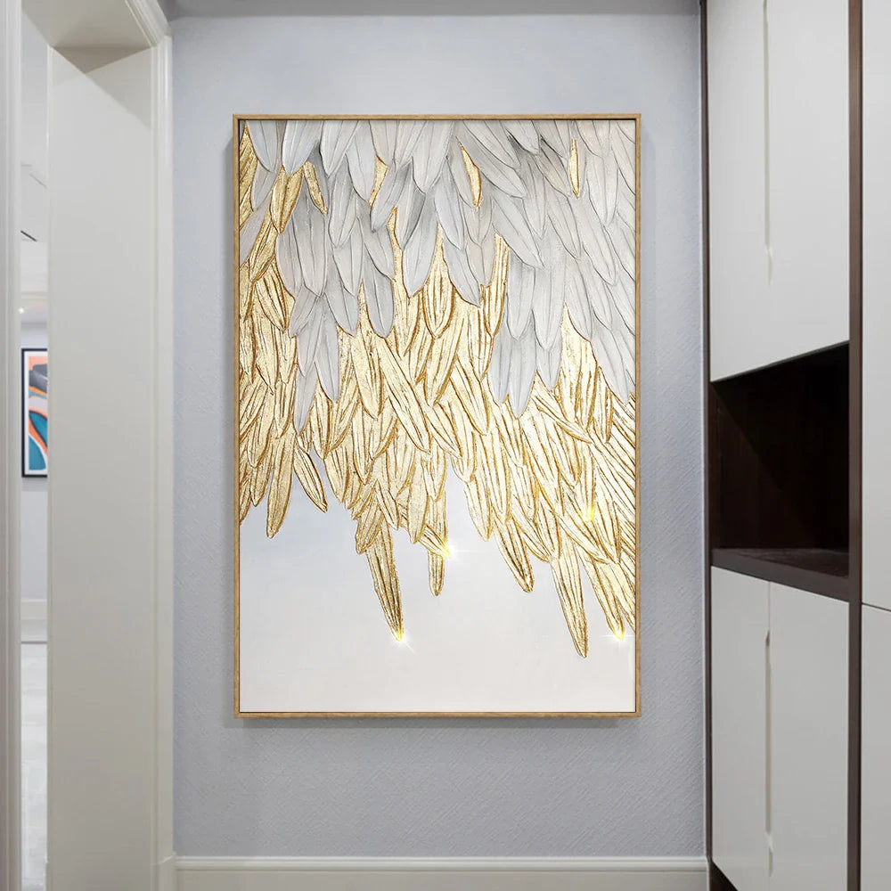 Modern Abstract Golden Feather Design Wall Art Fine Art Canvas Prints Picture For Luxury Living Room Bedroom Entranceway Foyer Art Decor | Bowlift