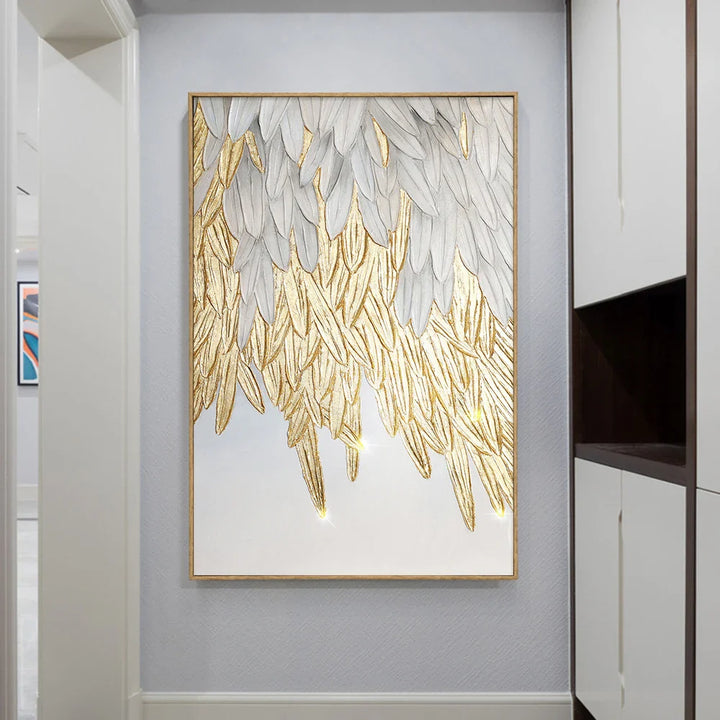 Modern Abstract Golden Feather Design Wall Art Fine Art Canvas Prints Picture For Luxury Living Room Bedroom Entranceway Foyer Art Decor | Bowlift