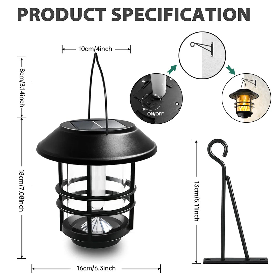 BowLift | Flammora Solar Pendant Light with Flame Effect | IP65 Waterproof | Stainless Steel & Glass | For Garden, Fence & Terrace