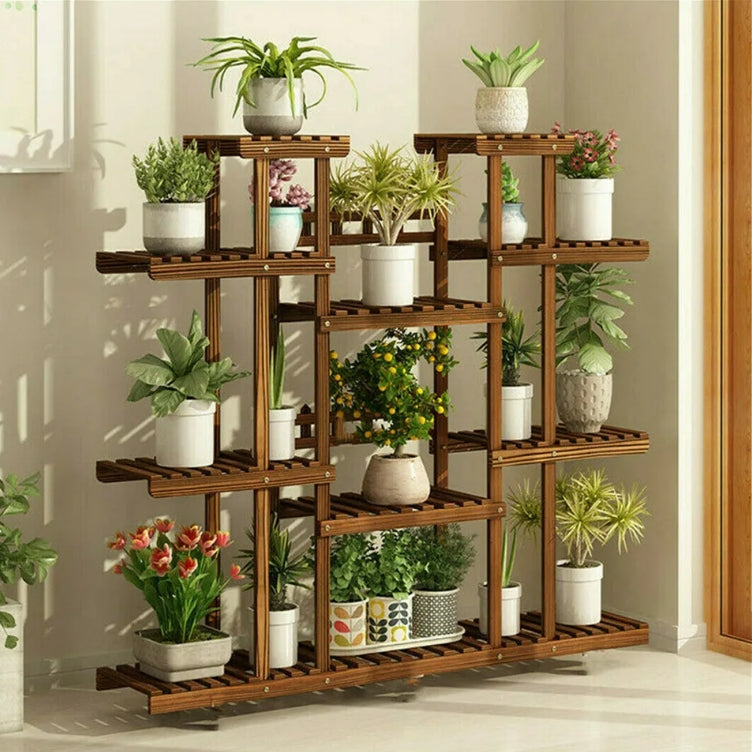 Large 11-tier Wooden Plant Shelf | Carbonized, Wide Flower Stand for Indoor & Outdoor | Bowlift