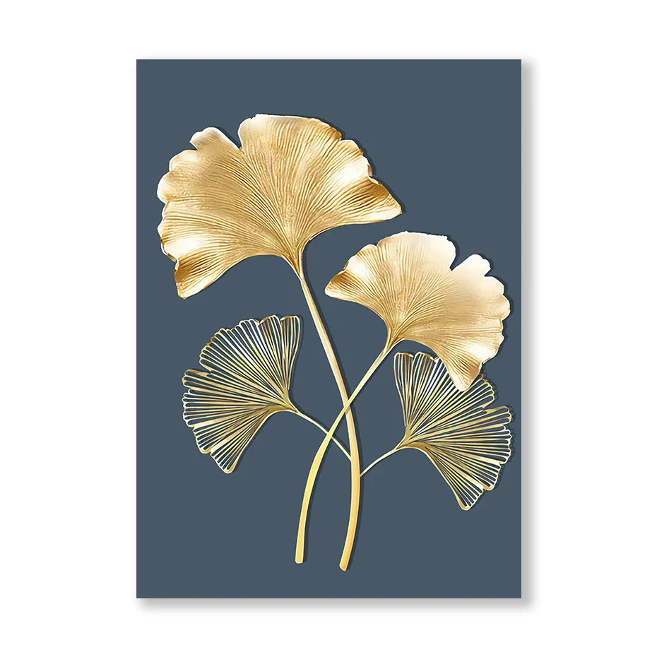 Blue Minimalist Golden Abstract Floral Wall Art Fine Art Canvas Prints Pictures For Luxury Living Room Dining Room Home Office Art Decor | Bowlift