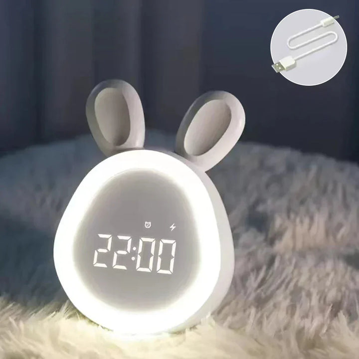 Cute children's alarm clock with LED display, night light, and alarm – rabbit shape for boys and girls, ideal for children's rooms and gentle waking up | Bowlift