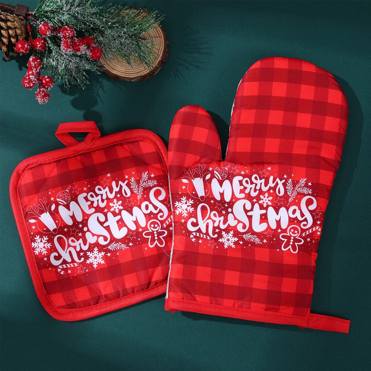 BowLift | HollyHeat Oven Gloves 2-Piece Set | Christmas Baking Gloves with Festive Design | Heat Resistant Kitchen Gloves for Christmas & New Year