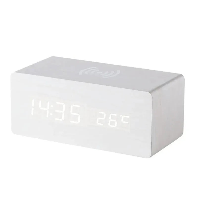 Minimalist LED wooden clock with temperature display, wireless charging function and digital time display – Ideal for bedroom and office | Bowlift