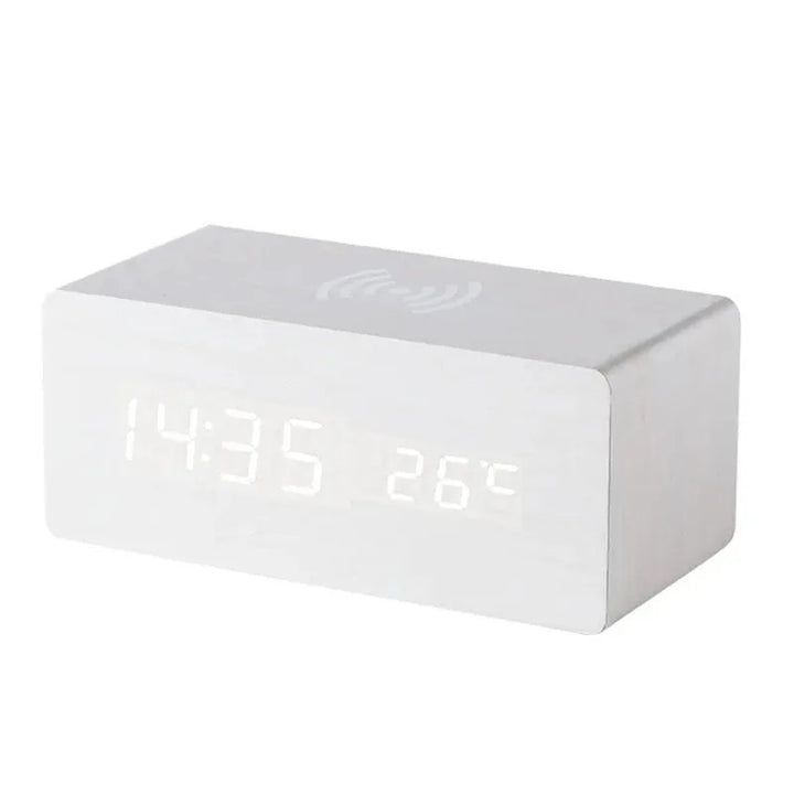Minimalist LED wooden clock with temperature display, wireless charging function and digital time display – Ideal for bedroom and office | Bowlift