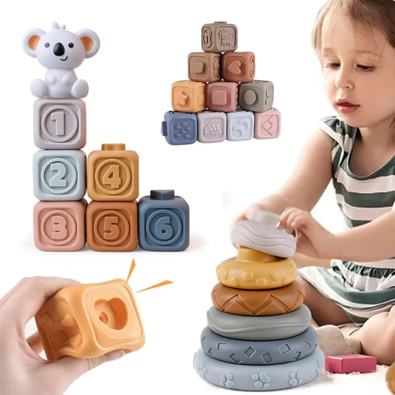 BowLift | Baby Montessori Silicone Building Blocks and Koala Teething Stacking Toy Set