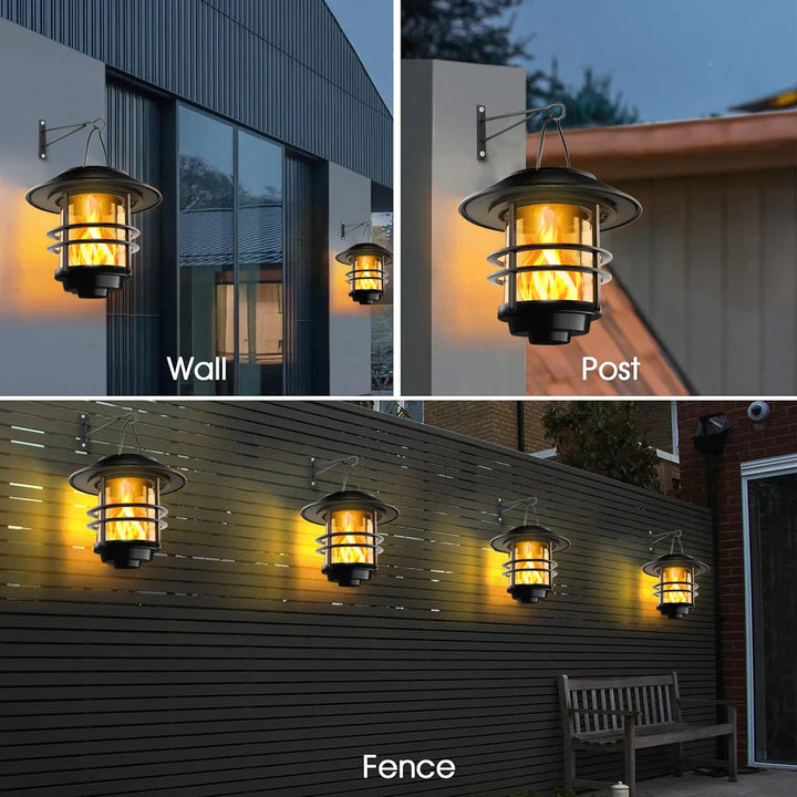 BowLift | Flammora Solar Pendant Light with Flame Effect | IP65 Waterproof | Stainless Steel & Glass | For Garden, Fence & Terrace