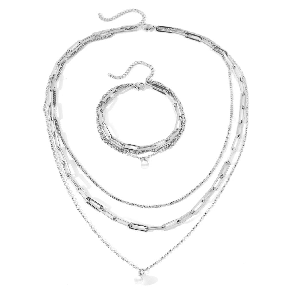 BowLift | Paperclip & Curb Chain Dainty Pearl Bracelet and Necklace Stack Set