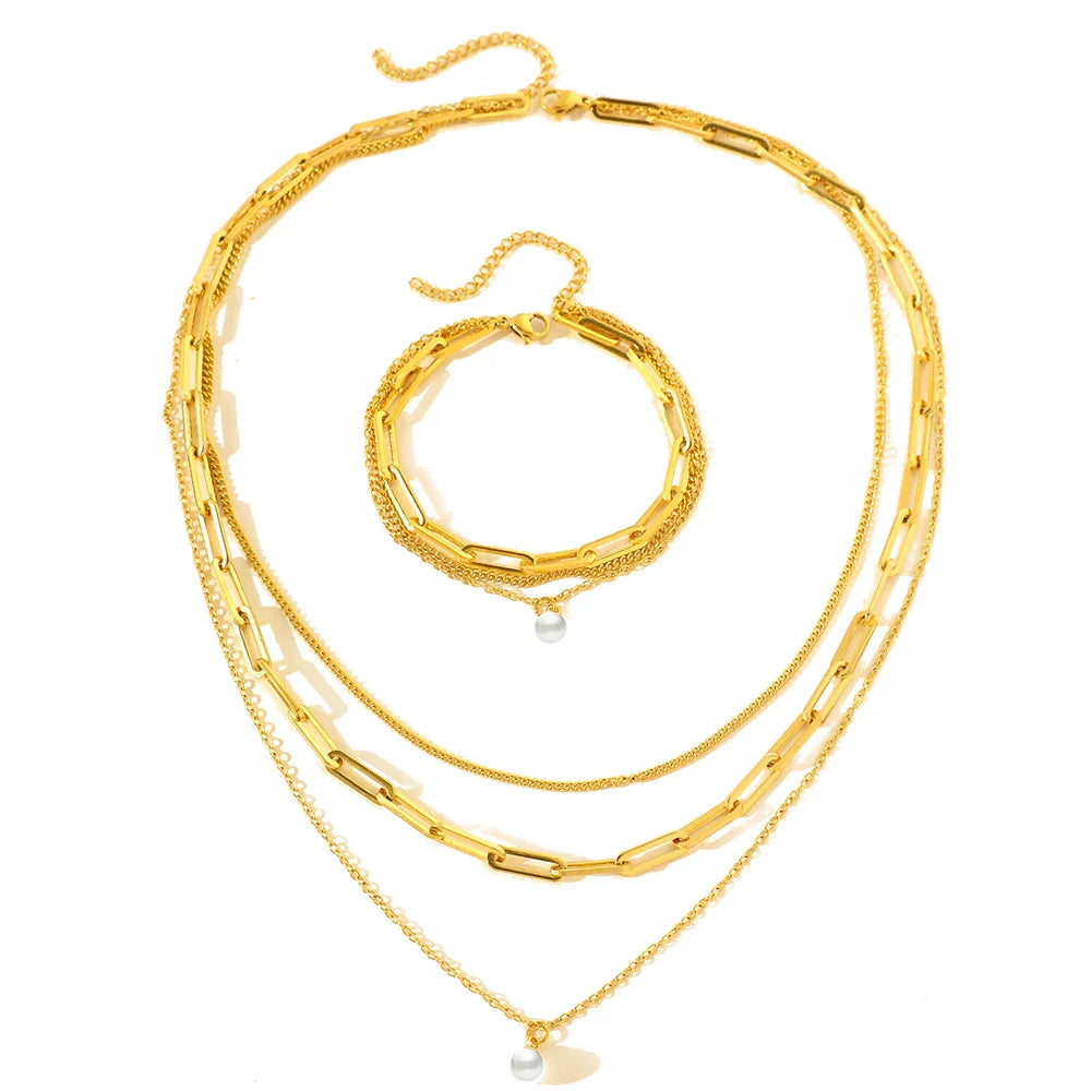 BowLift | Paperclip & Curb Chain Dainty Pearl Bracelet and Necklace Stack Set