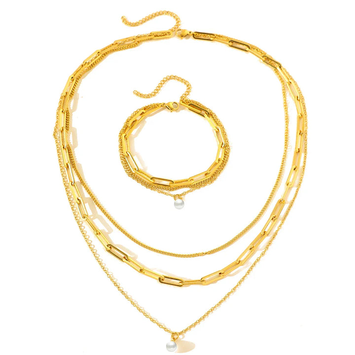 BowLift | Paperclip & Curb Chain Dainty Pearl Bracelet and Necklace Stack Set