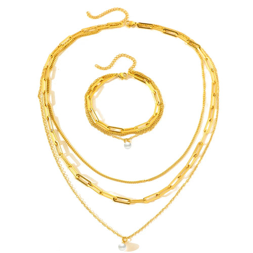 BowLift | Paperclip & Curb Chain Dainty Pearl Bracelet and Necklace Stack Set
