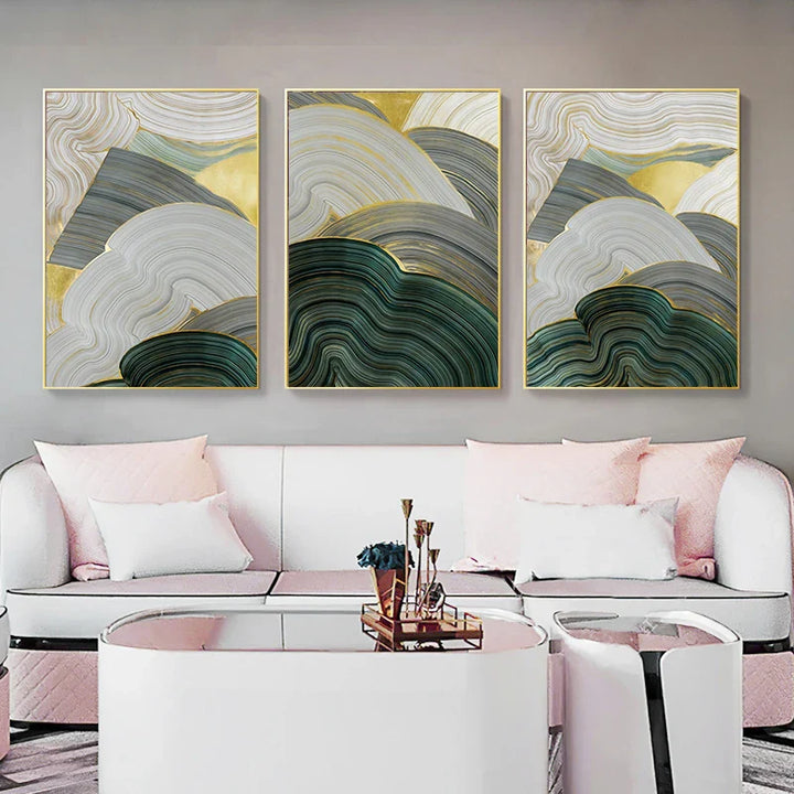 Green Beige Gray Flowing Swirls Abstract Wall Art Fine Art Canvas Prints Pictures For Modern Apartment Dining Room Living Room Art Decor | Bowlift