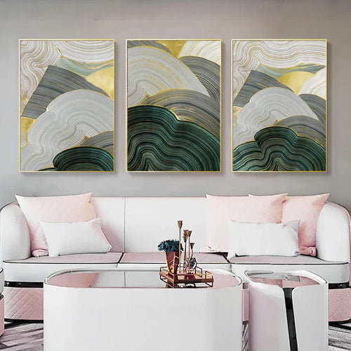 Green Beige Gray Flowing Swirls Abstract Wall Art Fine Art Canvas Prints Pictures For Modern Apartment Dining Room Living Room Art Decor | Bowlift