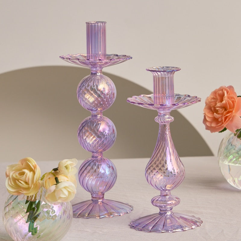 Ribbed Glass Candle Holders - Lilac | Bowlift