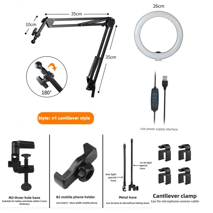 BowLift | LumiFlex LED ring light with flexible arm & phone holder | 3 light colors & USB connection | Perfect for livestream, video & selfie
