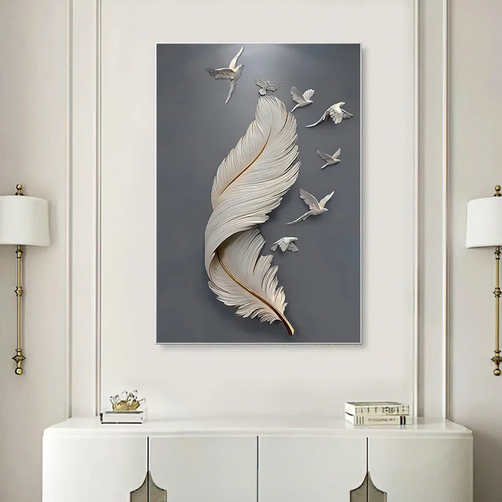 Seven Birds Feather Wall Art Fine Art Canvas Prints 3d Visualization Minimalist Abstract Pictures For Living Room Entranceway, Foyer Art Decor | Bowlift
