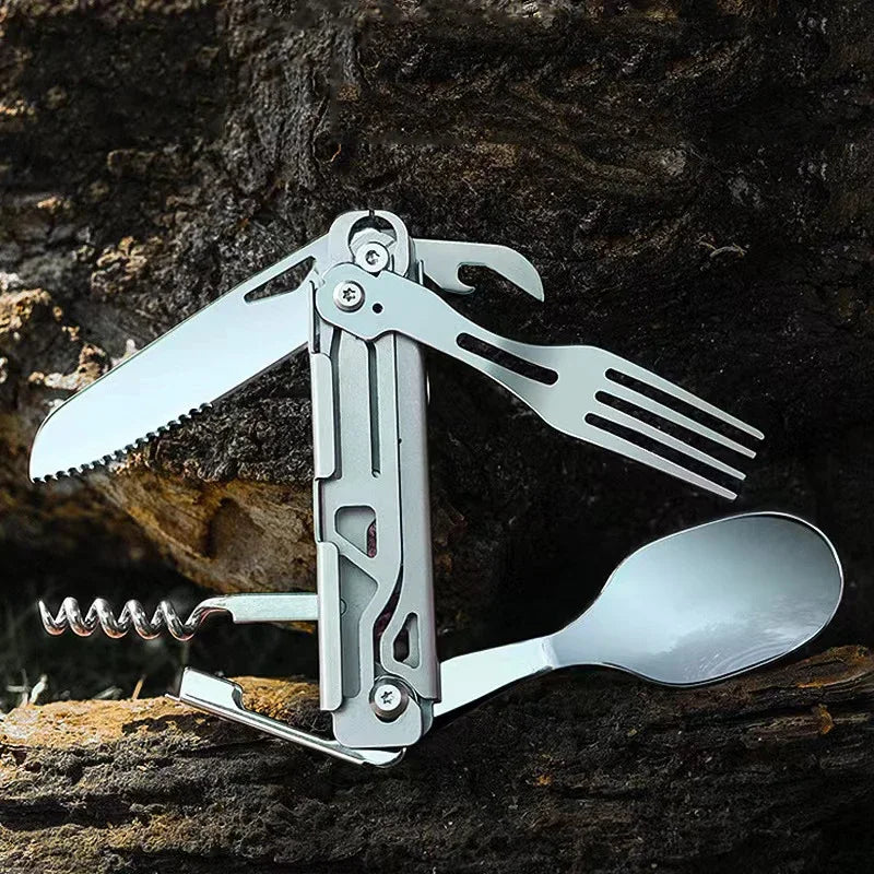 BowLift | GearSpork Outdoor cutlery 6-in-1 | Foldable multifunctional cutlery made of stainless steel | Knife, fork, spoon, can opener & bottle opener | For camping & trekking