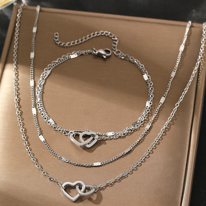 BowLift | Dainty Curb & Chain Link Dual Heart Necklace and Bracelet Set