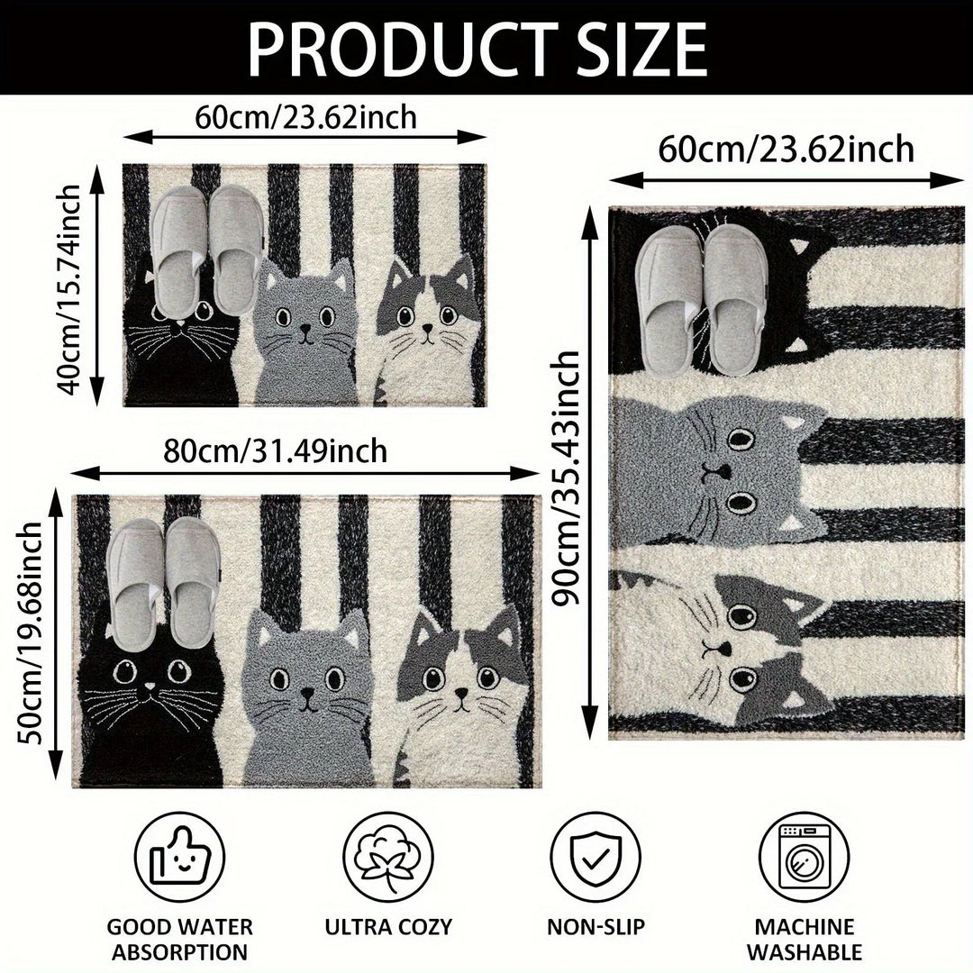 BowLift | Cat Rug Miyono | Soft & Waterproof | Non-slip Mat with Stripes & Cartoon Cat Design | For Bedroom, Hallway & Living Room