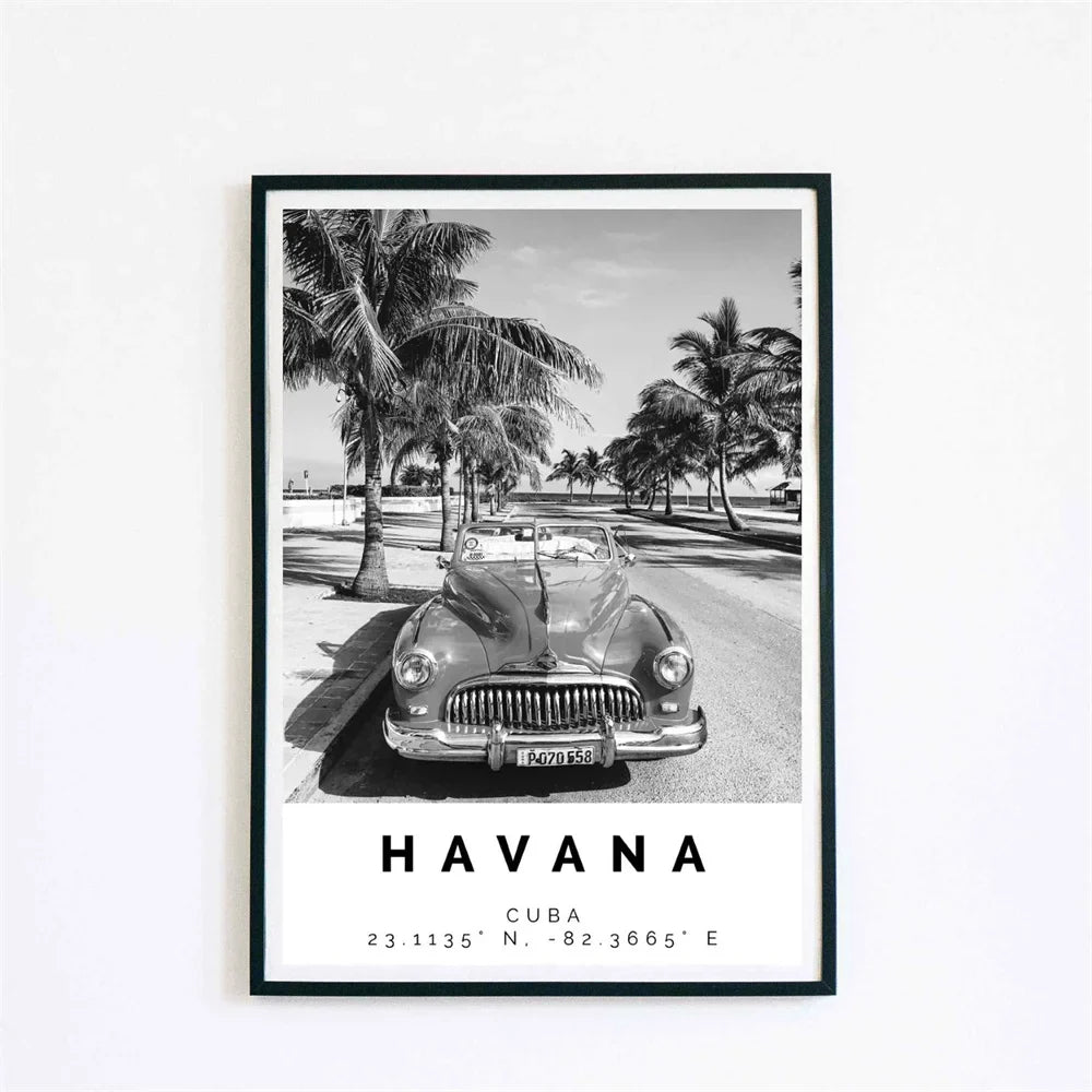 Cuba Havana Black & White Travel Poster Wall Art Fine Art Canvas Prints Pictures For Living Room Dining Room | Bowlift