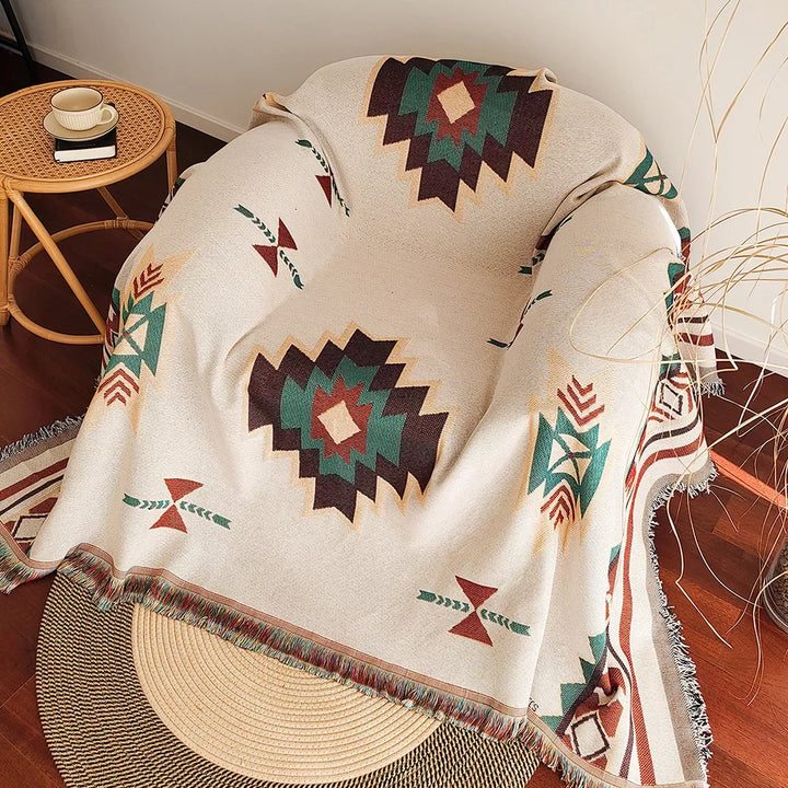 BowLift | AztecaLoom Boho Blanket | XXL Aztec Throw with Fringes | Southwestern Ethno Style | Vintage Throw Blanket made of Cotton Blend