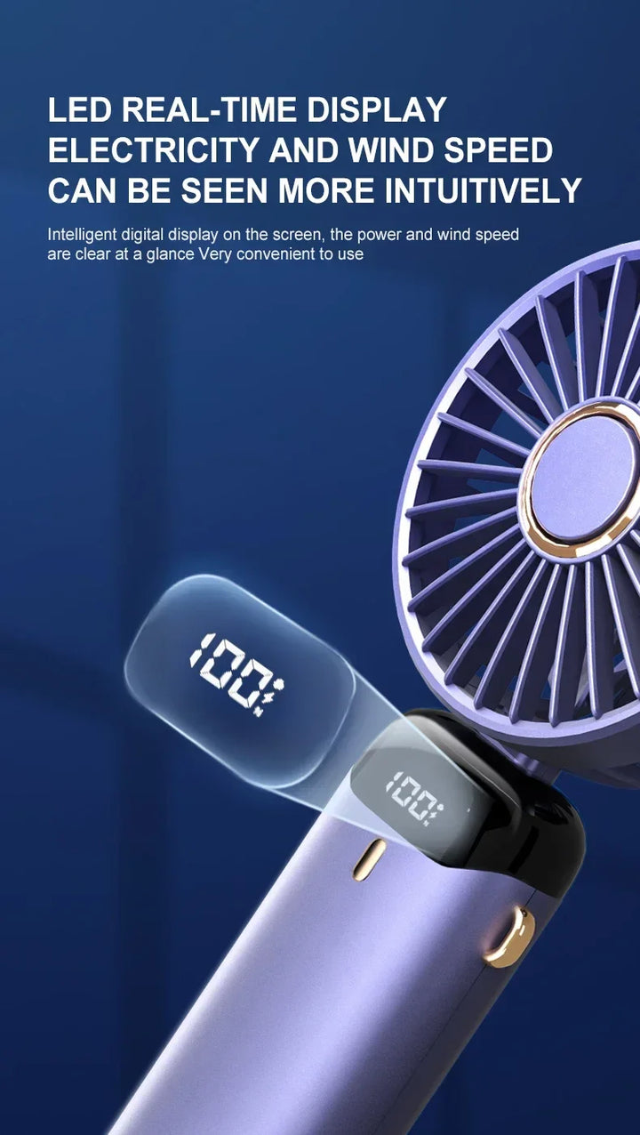 5000mAh Handheld Mini Fan – Wireless USB Rechargeable Portable Fan with Digital Display, Phone Holder, 5-Speed Foldable Neck Hanging Fan | Bowlift