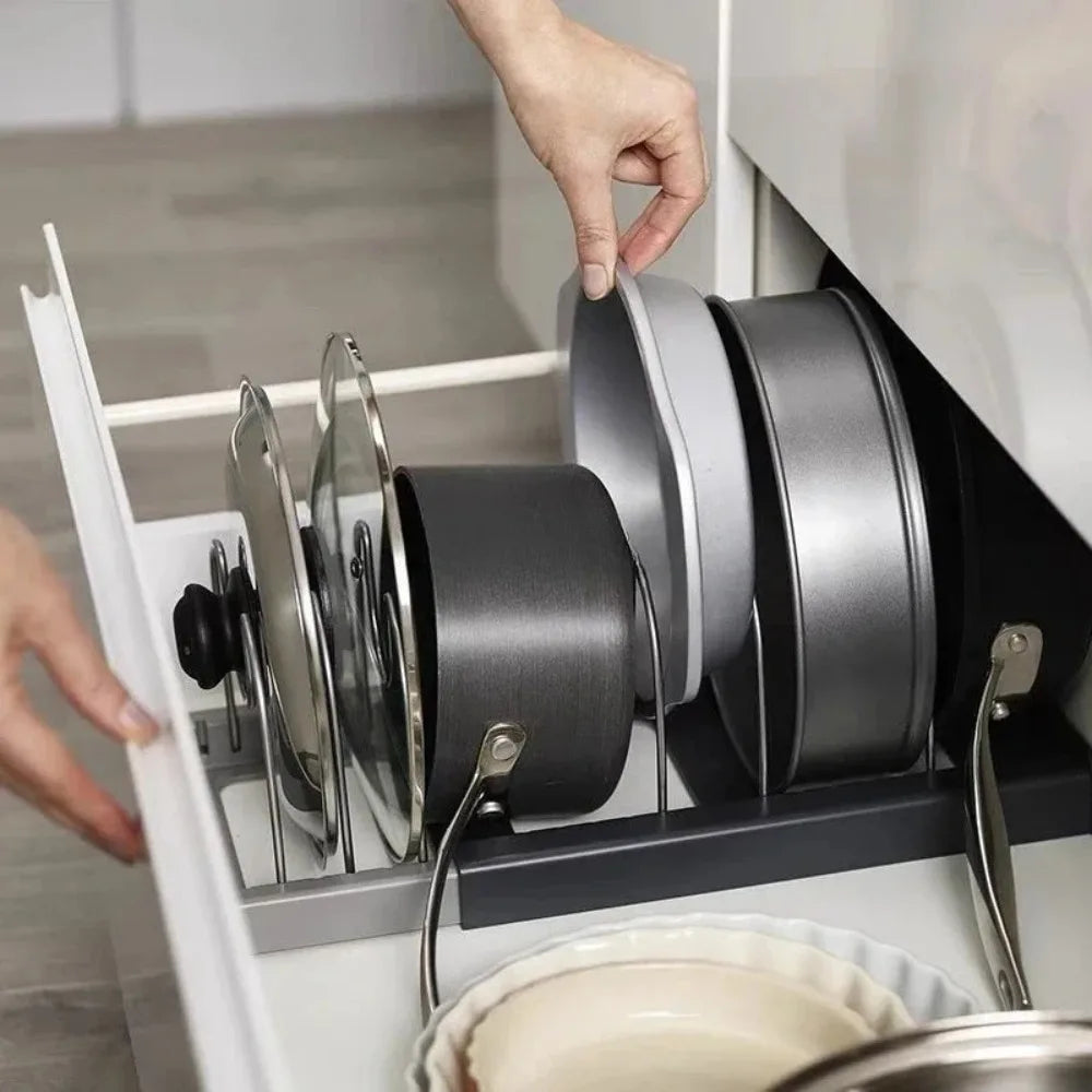 Retractable pot lid holder & pan organizer | Bowlift