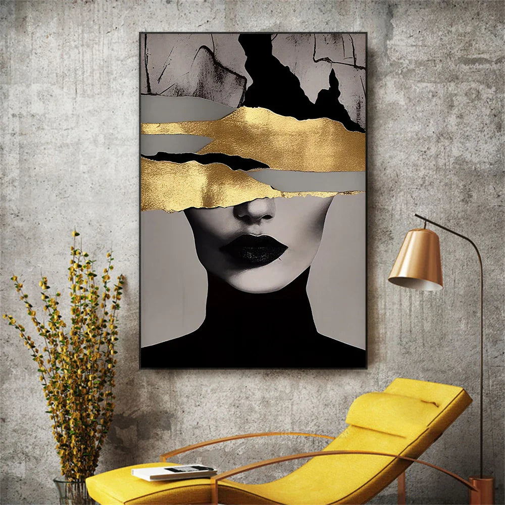 Golden Girl Fashion Wall Art Fine Art Canvas Prints Modern Abstract Portrait Pictures For Living Room Bedroom Boutique Salon Art Decor | Bowlift