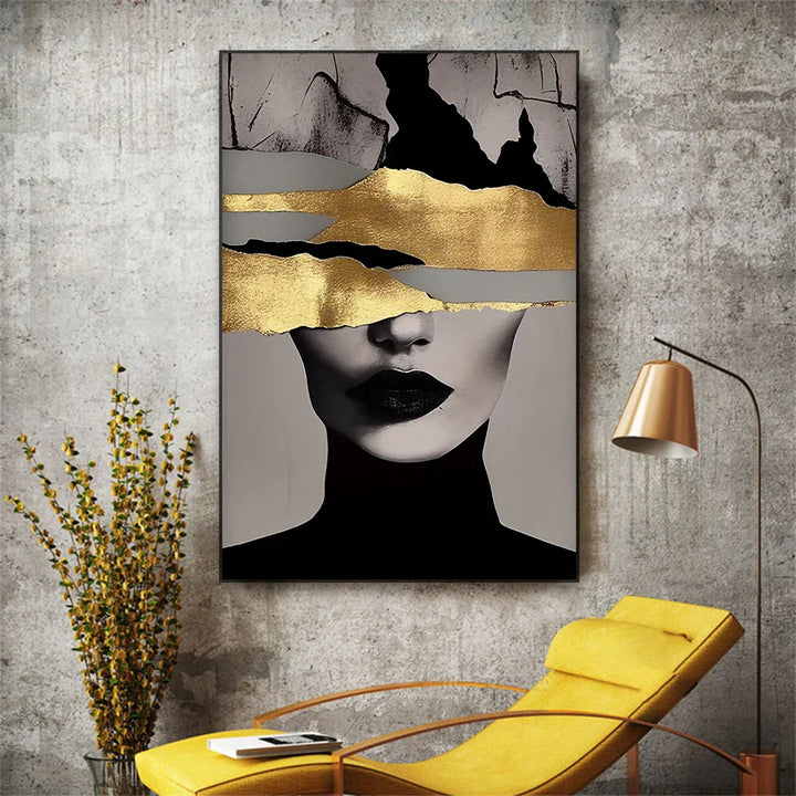 Golden Girl Fashion Wall Art Fine Art Canvas Prints Modern Abstract Portrait Pictures For Living Room Bedroom Boutique Salon Art Decor | Bowlift