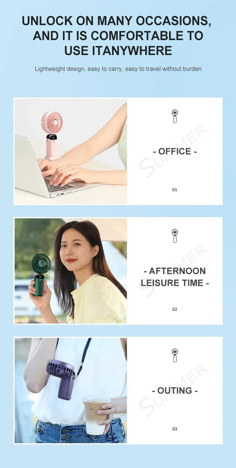 5000mAh Handheld Mini Fan – Wireless USB Rechargeable Portable Fan with Digital Display, Phone Holder, 5-Speed Foldable Neck Hanging Fan | Bowlift