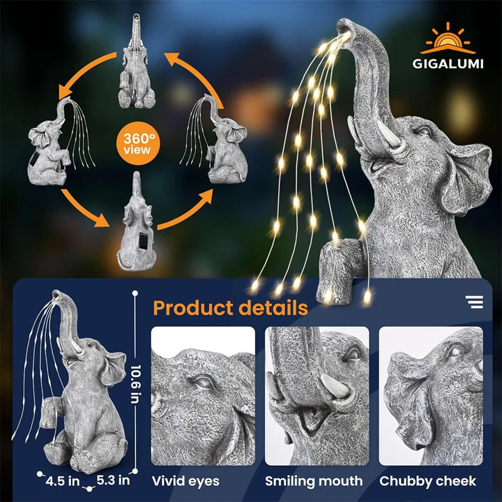 BowLift | LumaPachy Solar Elephant Figure with String Lights | Garden Decoration & Gift Idea | Waterproof LED Sculpture for Garden, Terrace & Balcony
