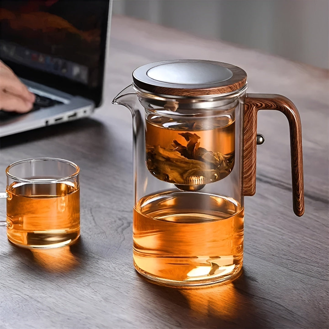 Glass teapot with wooden handle – One-click filter | Perfect for loose tea & Puer | Bowlift