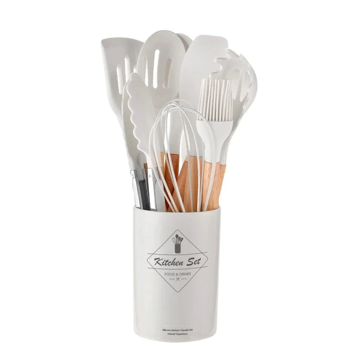 12-piece silicone cooking utensils set with wooden handles | Bowlift