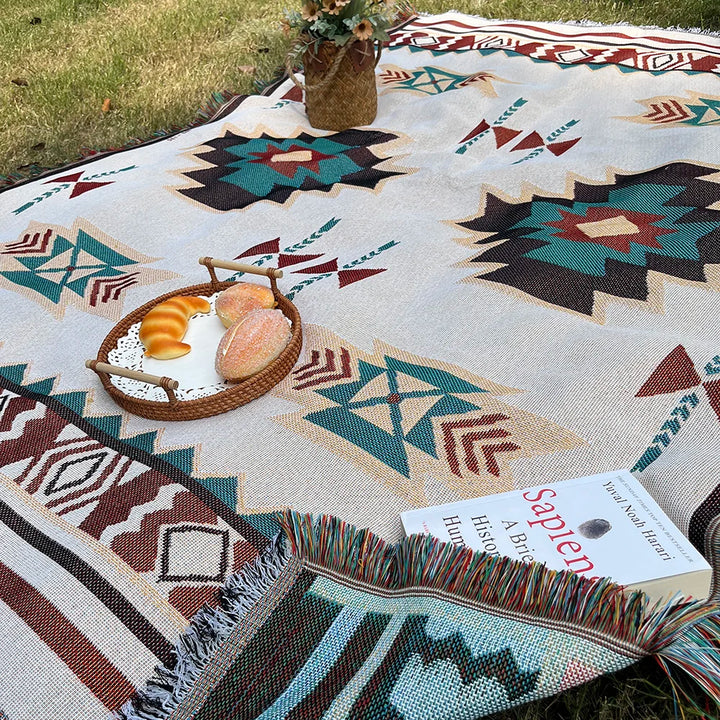 BowLift | AztecaLoom Boho Blanket | XXL Aztec Throw with Fringes | Southwestern Ethno Style | Vintage Throw Blanket made of Cotton Blend