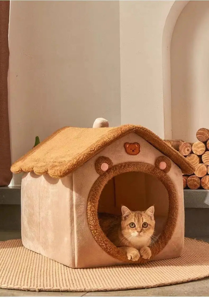 Plush Pet House with Roof & Anti-Slip Bottom Bowlift
