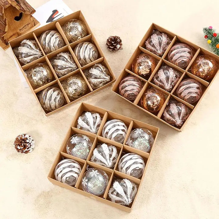 BowLift | GlossParty Christmas Hanging Decorations – Set of 9 Plastic Ornaments with Snowflake and Balloon Design