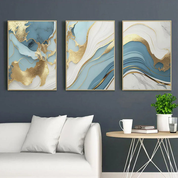 Modern Abstract Golden Blue Liquid Marble Print Wall Art Fine Art Canvas Prints Pictures For Living Room Bedroom Nordic Home Decor | Bowlift
