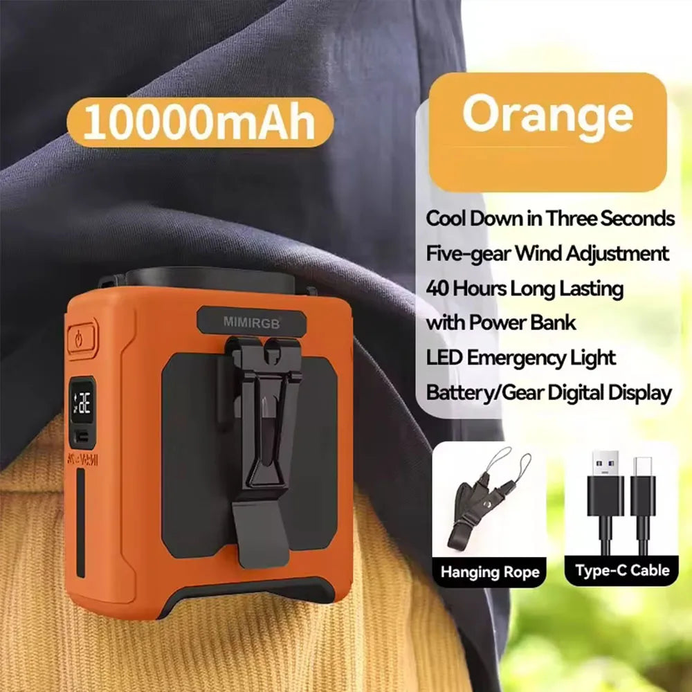 10000mAh Waist Clip Fan with Power Bank – Portable Hands-Free Rechargeable Fan | 5-Speed Cooling, Battery Display, USB Charging, Outdoor Wearable Fan | Bowlift