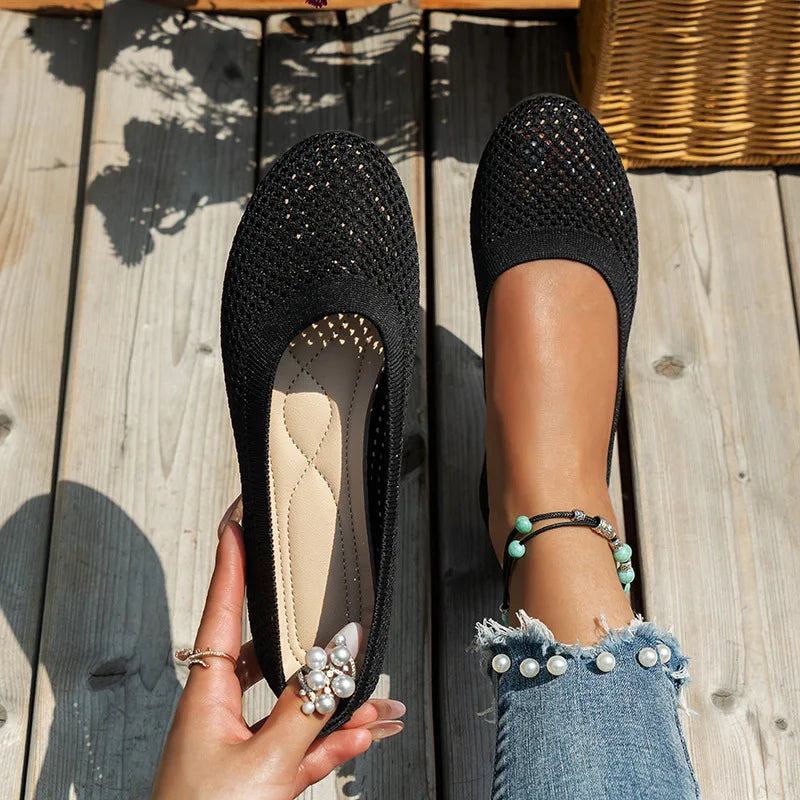 BowLift | Women Round Toe Flat Shoes Solid Color Knit Slippers Casual Breathable Ballet Flats Women Flat Shoes Loafers Women