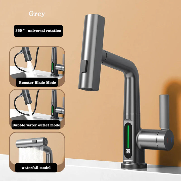 BowLift | Retractable Waterfall Faucet with Temperature Display in Stainless Steel