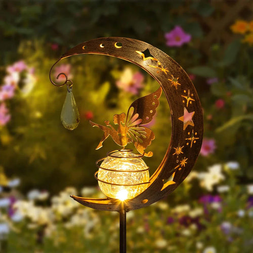 BowLift | Lunafeya Solar Garden Light with Moon & Fairy | Crackle Glass Ball | IP55 Waterproof | Romantic Decor for Path & Bed