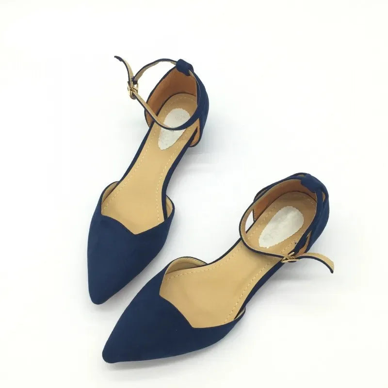 BowLift | Women's Buckle Straps Low Heels Pumps Pointed Toe Flock D'Orsay Heels Shoes Single Shoe Blue