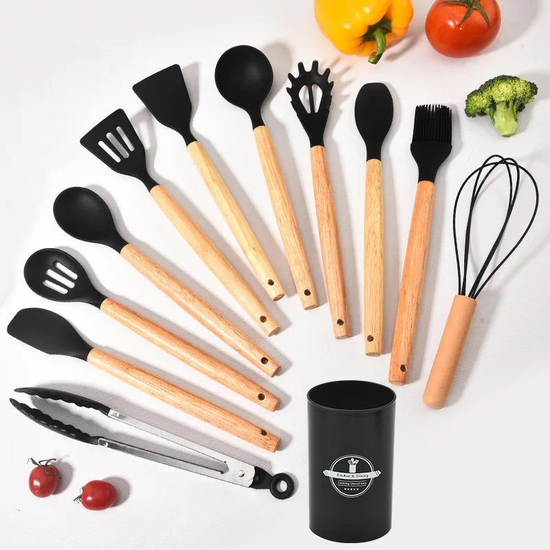 BowLift | Culinora Silicone Kitchen Utensils Set | Heat Resistant up to 230 °C | 12-piece with Wooden Handles | Whisk, Spatula, Tongs & more